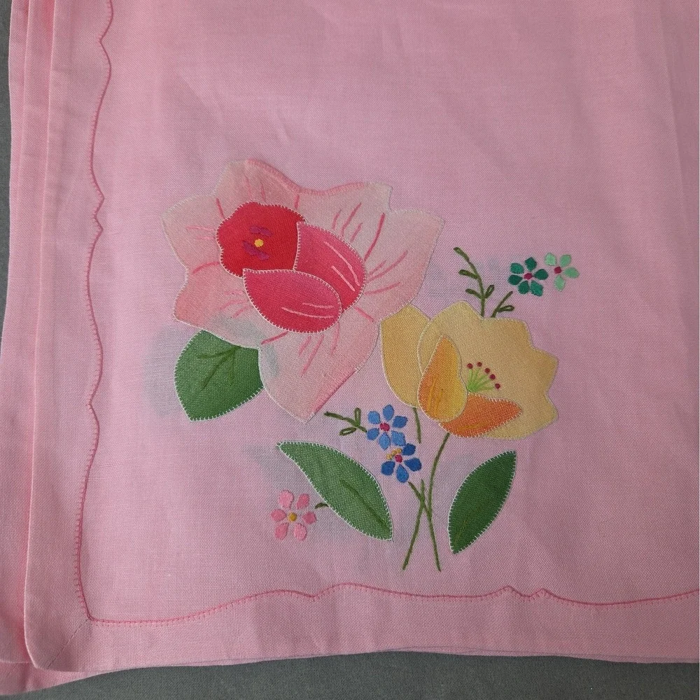 Pink Floral Embroidered Placemat Cloth Napkin Set Applique Coquette Shabby Chic